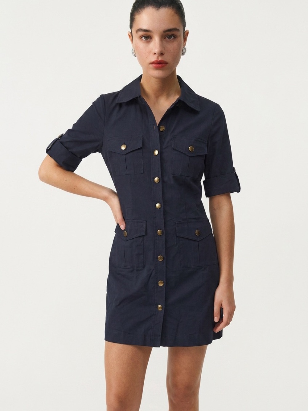 MILLY | Navy Blue Button-Front Utility Shirt Dress Women’s Size 6
